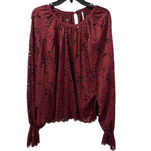 Free People blouse Sz XL Burgundy Lace Long-Sleeve Blouse With Ruffled Cuffs & K